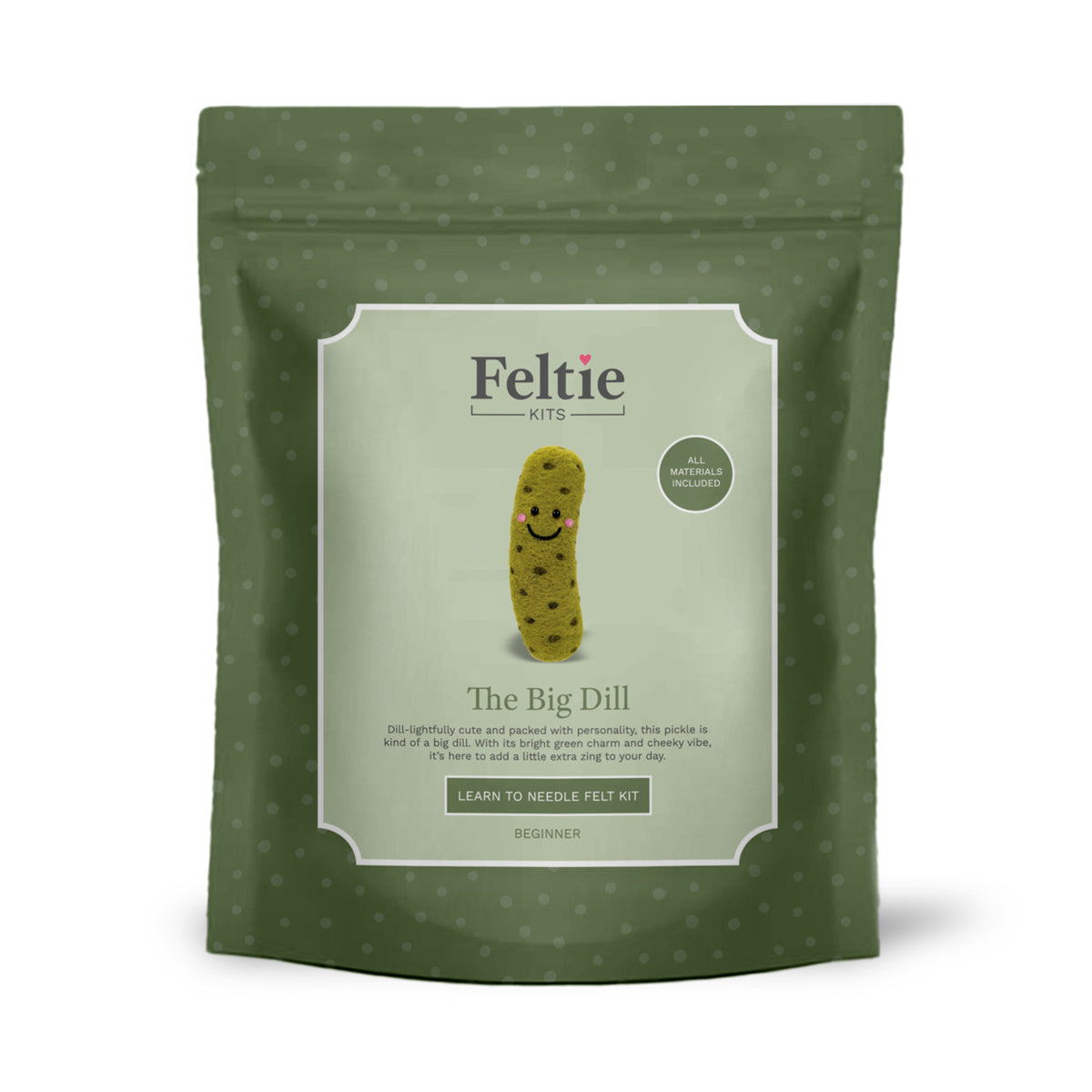 Front packaging of Feltie The Big Dill beginner needle felting craft kit
