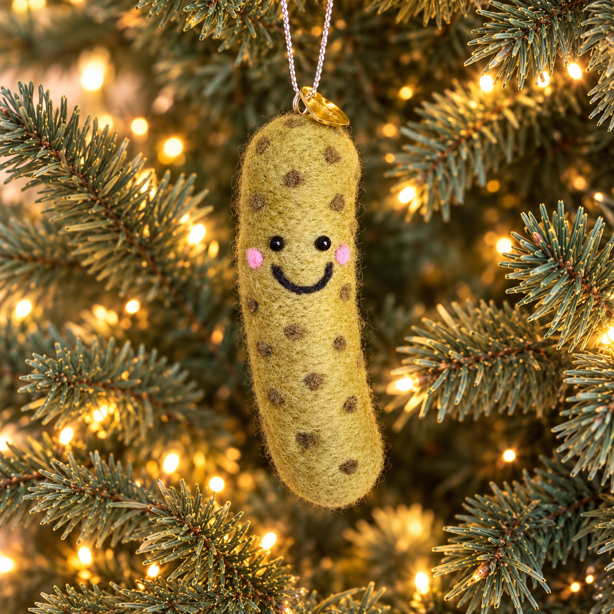 A handmade needle felted bill dill pickle Christmas ornament hanging on a Christmas tree, with a gold heart Feltie charm and silver hanging string.