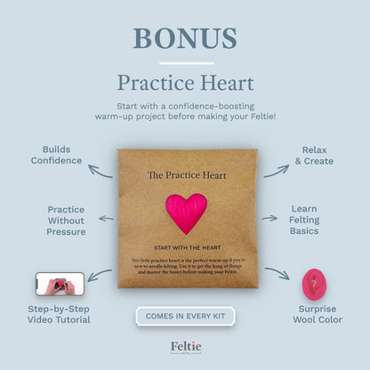 Overview of the Feltie Kits Practice Heart warm-up project included in every kit, showing the bonus heart, tutorial image, and surprise wool color.