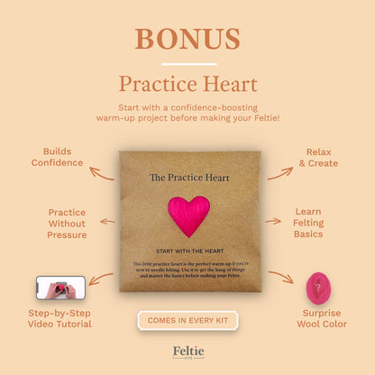 Overview of the Feltie Kits Practice Heart warm-up project included in every kit, showing the bonus heart, tutorial image, and surprise wool color.