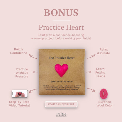 Overview of the Feltie Kits Practice Heart warm-up project included in every kit, showing the bonus heart, tutorial, and surprise wool color.