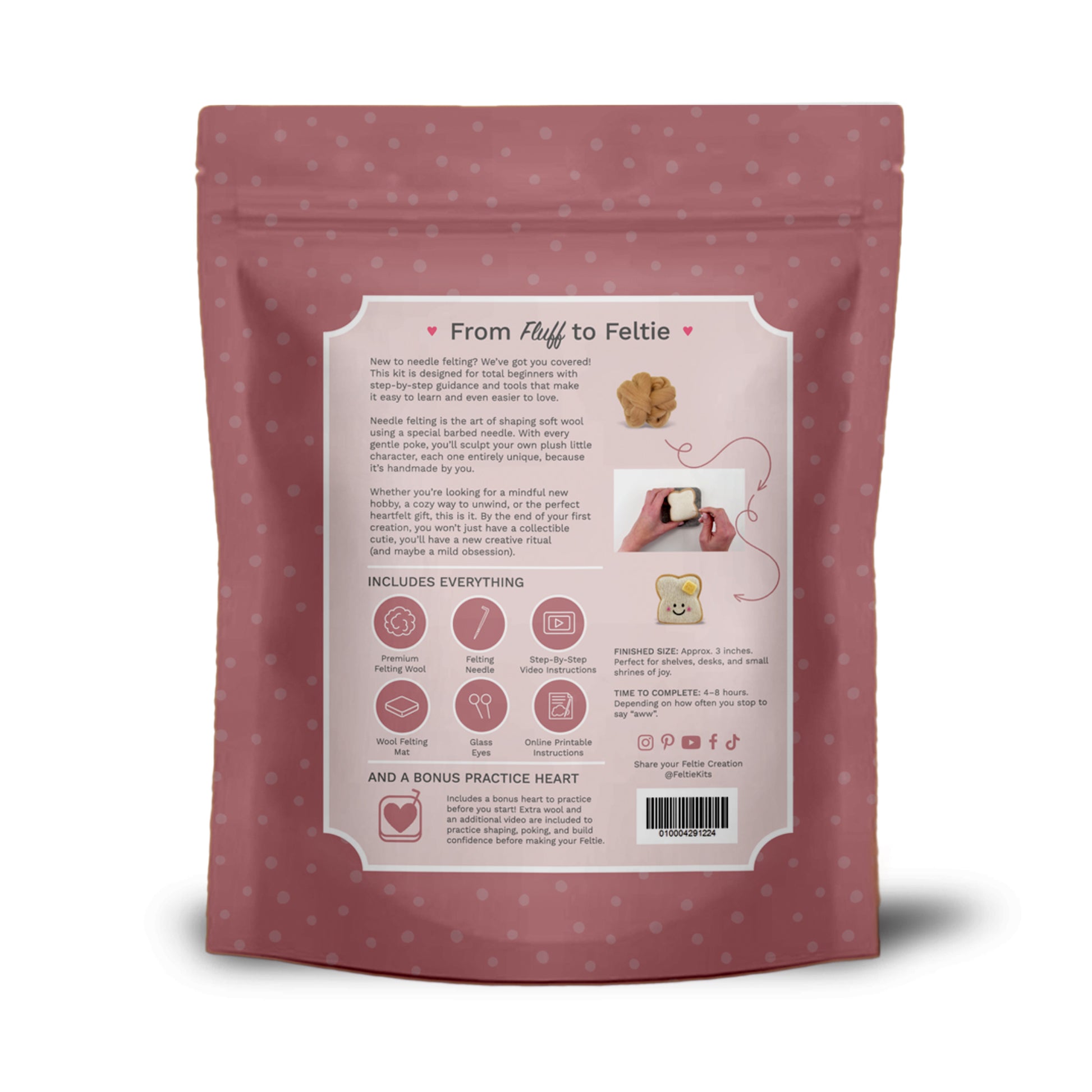 Back of Feltie Kits Buttered Toastie beginner needle felting kit packaging showing contents and instructions