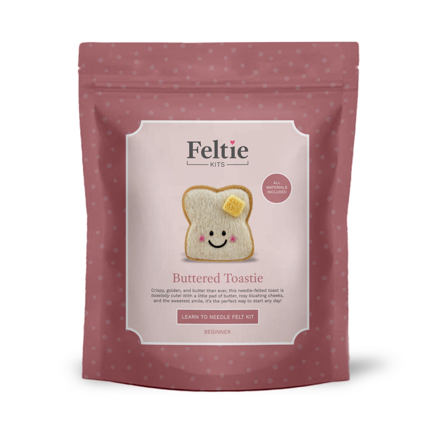 Front packaging of Feltie Kits Buttered Toastie beginner needle felting craft kit