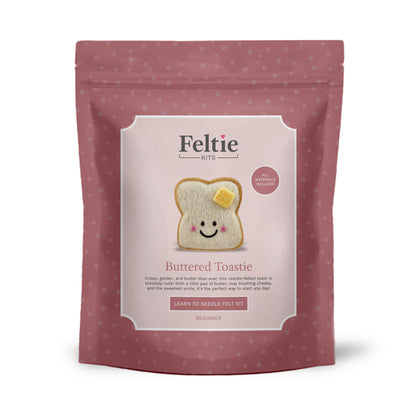 Front packaging of Feltie Kits Buttered Toastie beginner needle felting craft kit