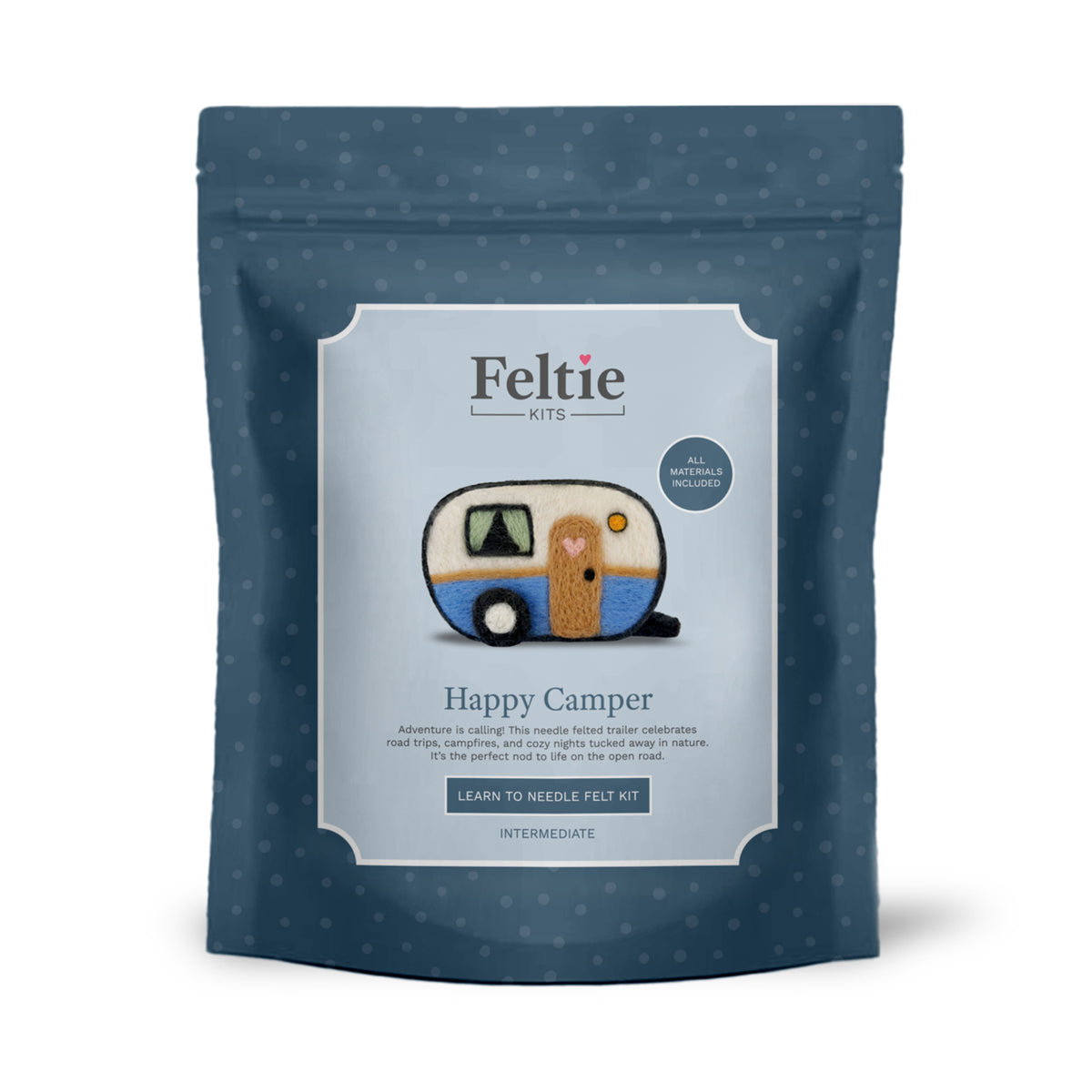 Front packaging of Feltie Kits Happy Camper intermediate needle felting craft kit