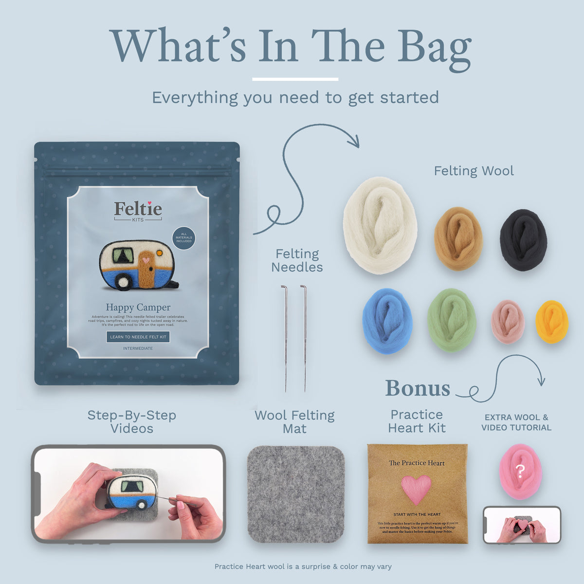What’s included in the Happy Camper Needle Felting Kit by Feltie Kits: felting wool, needles, wool felting mat, step-by-step video tutorial, and bonus Practice Heart kit.