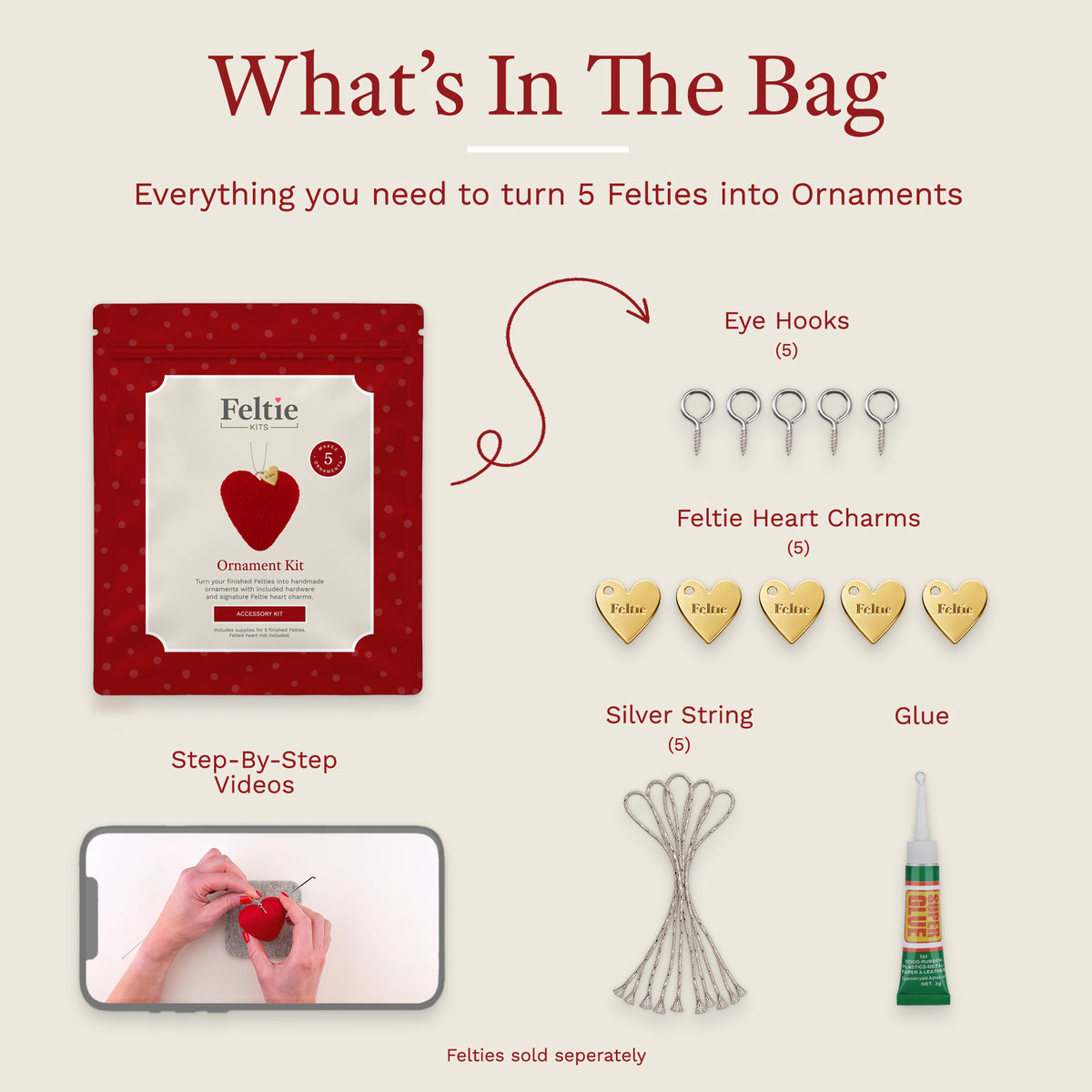 Feltie Kits ornament accessory kit contents including eye hooks, gold heart charms, silver hanging strings, glue and video instructions.