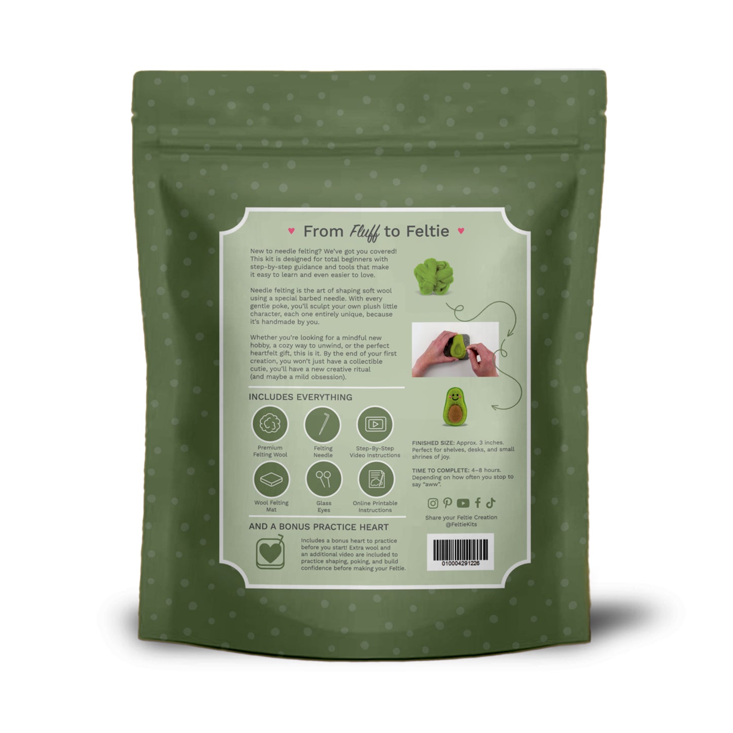 Back of Feltie Kits Perfect Avocado intermediate needle felting kit packaging showing contents and instructions