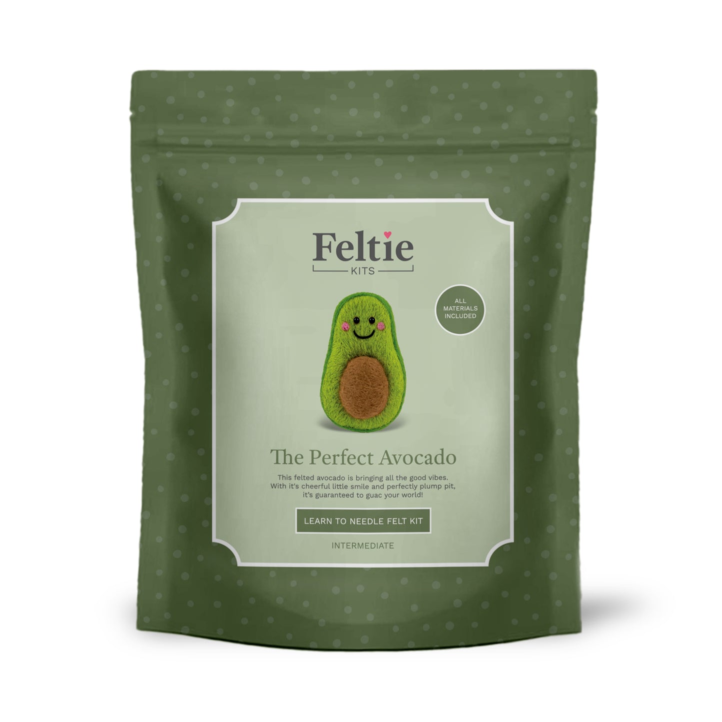 Front packaging of Feltie Kits Perfect Avocado intermediate needle felting craft kit