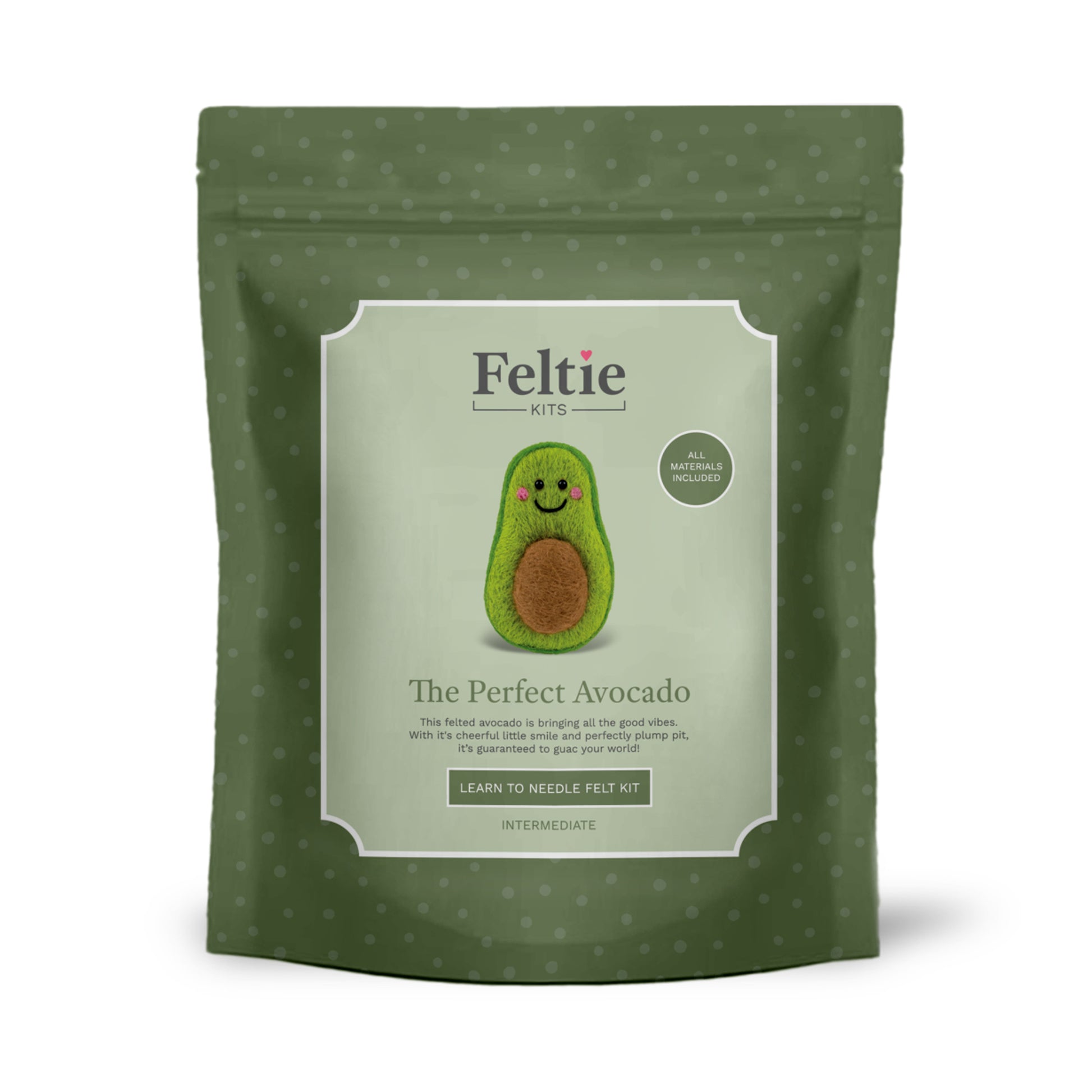 Front packaging of Feltie Kits Perfect Avocado intermediate needle felting craft kit