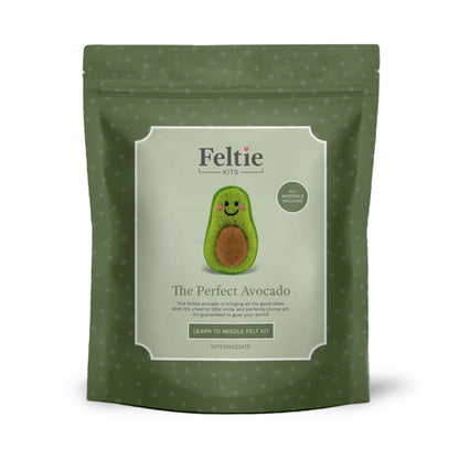 Front packaging of Feltie Kits Perfect Avocado intermediate needle felting craft kit