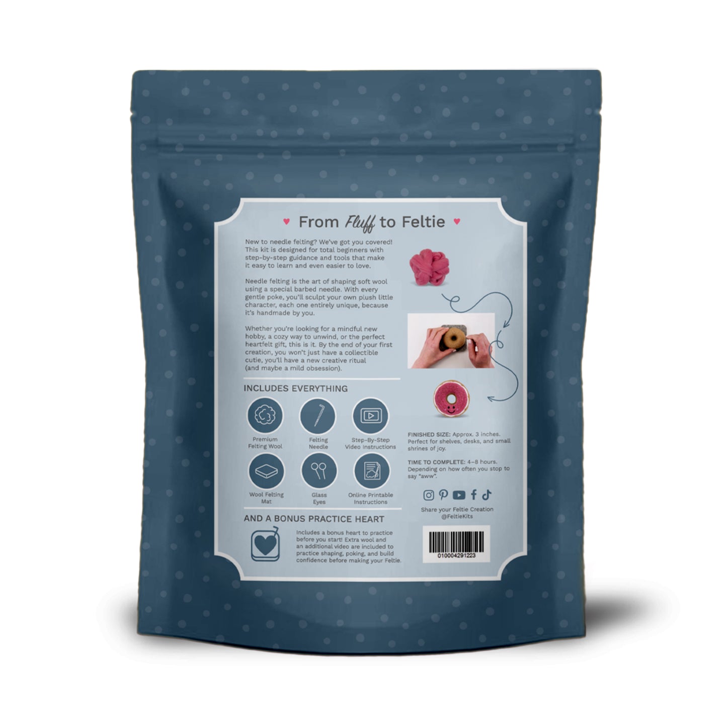 Back of Feltie Kits Pink Glazed Donut beginner needle felting kit packaging showing contents and instructions