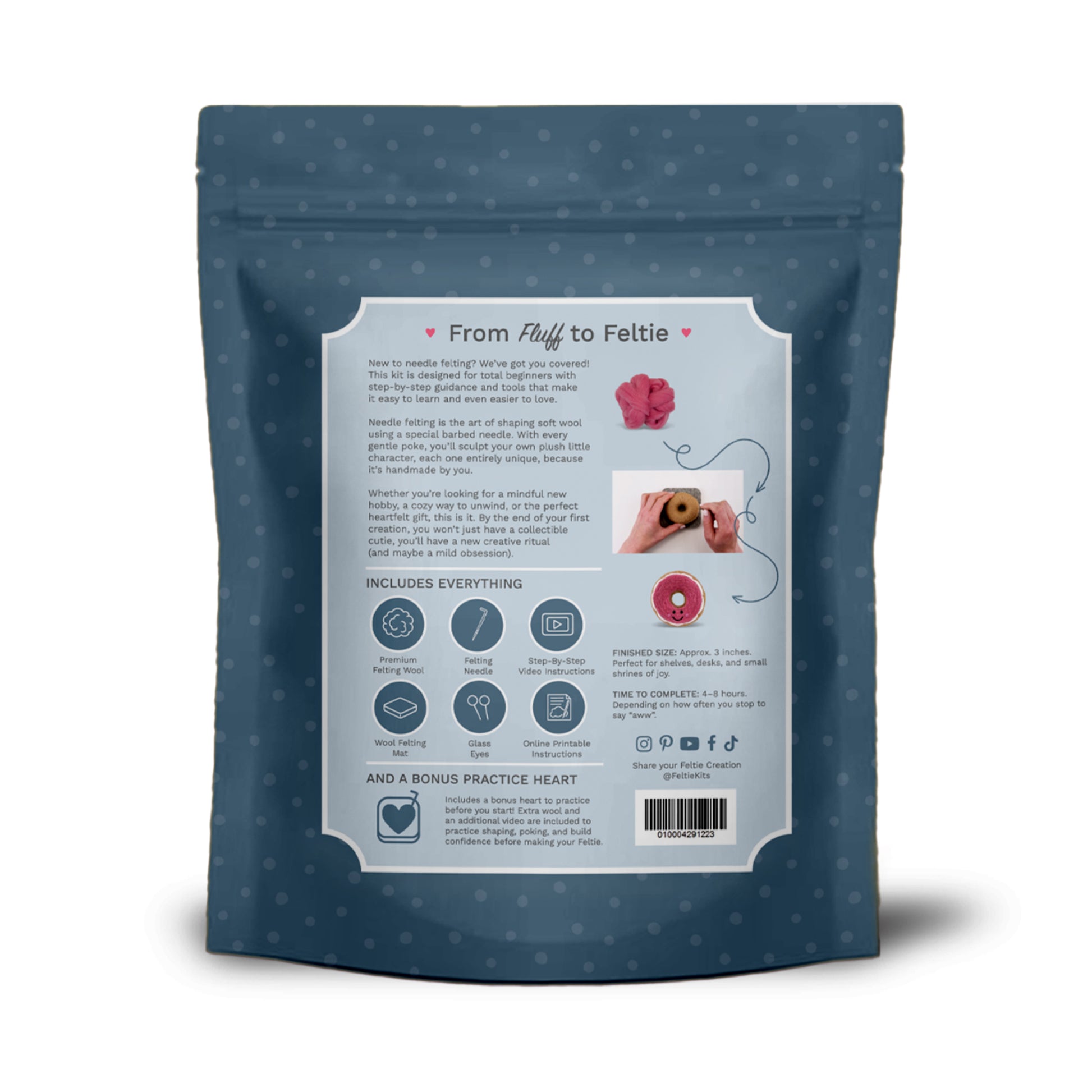 Back of Feltie Kits Pink Glazed Donut beginner needle felting kit packaging showing contents and instructions