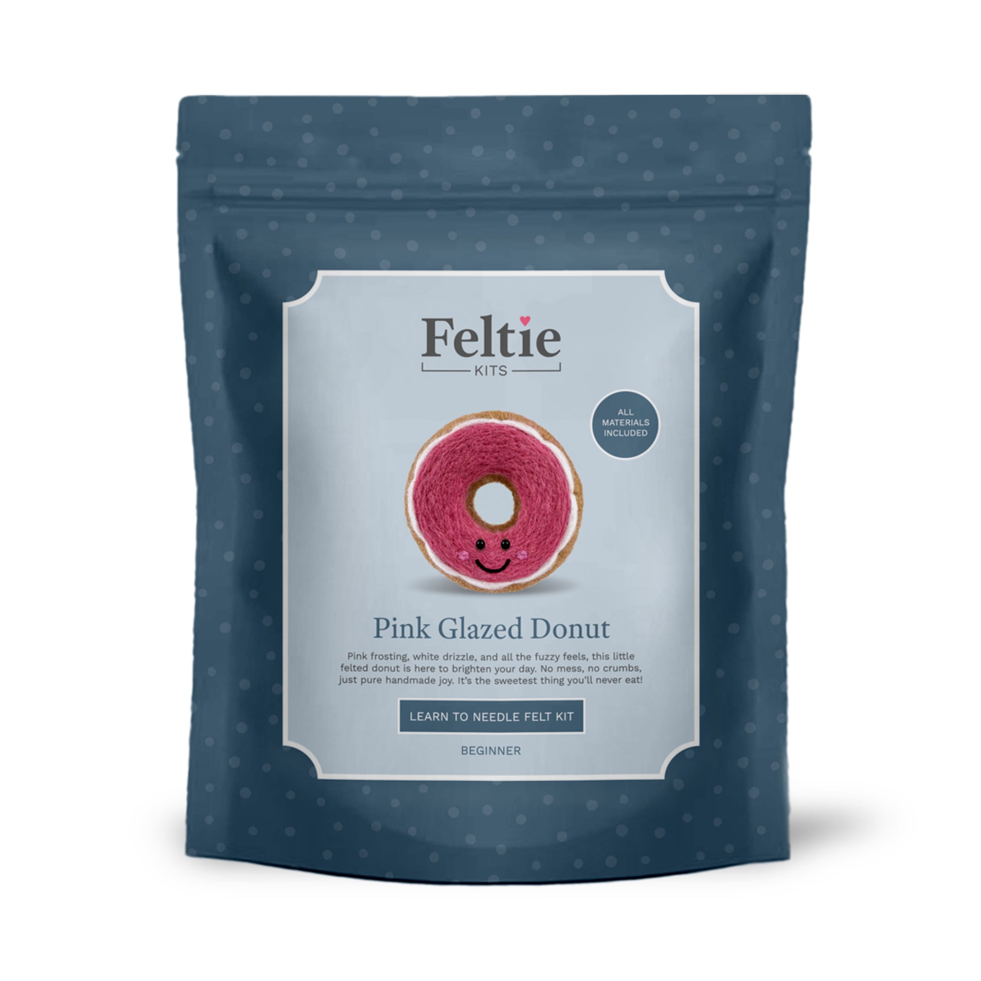 Front packaging of Feltie Kits Pink Glazed Donut beginner needle felting craft kit