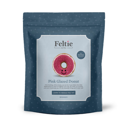 Front packaging of Feltie Kits Pink Glazed Donut beginner needle felting craft kit