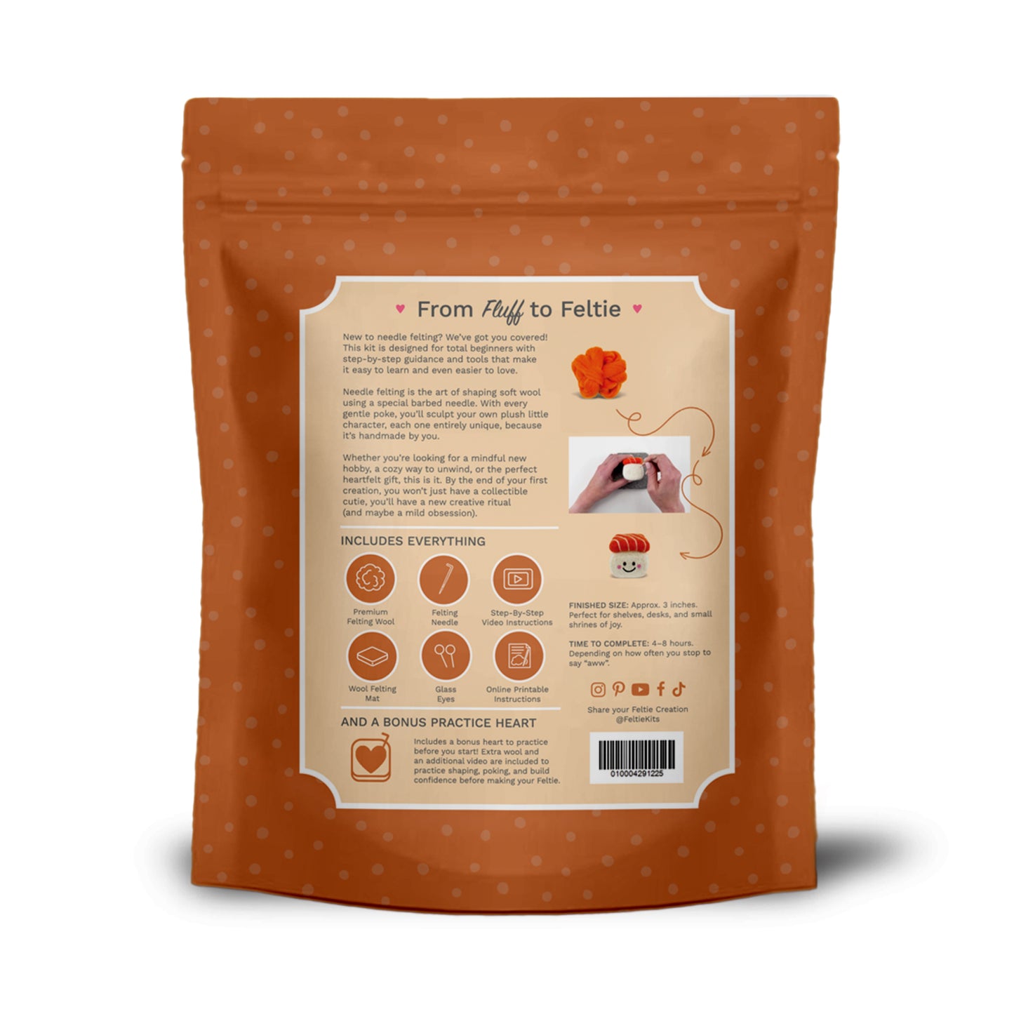 Back of Feltie Kits Salmon Sushi beginner needle felting kit packaging showing contents and instructions