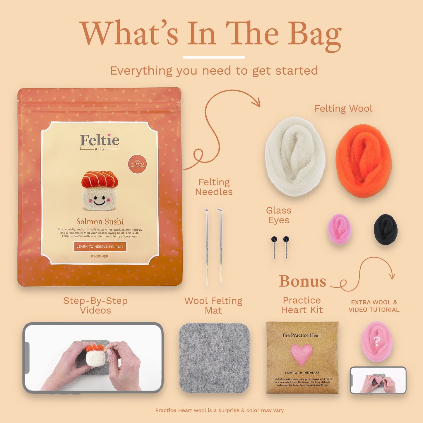 What comes in the Feltie Kits Salmon Sushi needle felting kit, including wool, needles, eyes, mat, practice heart, and step-by-step videos.