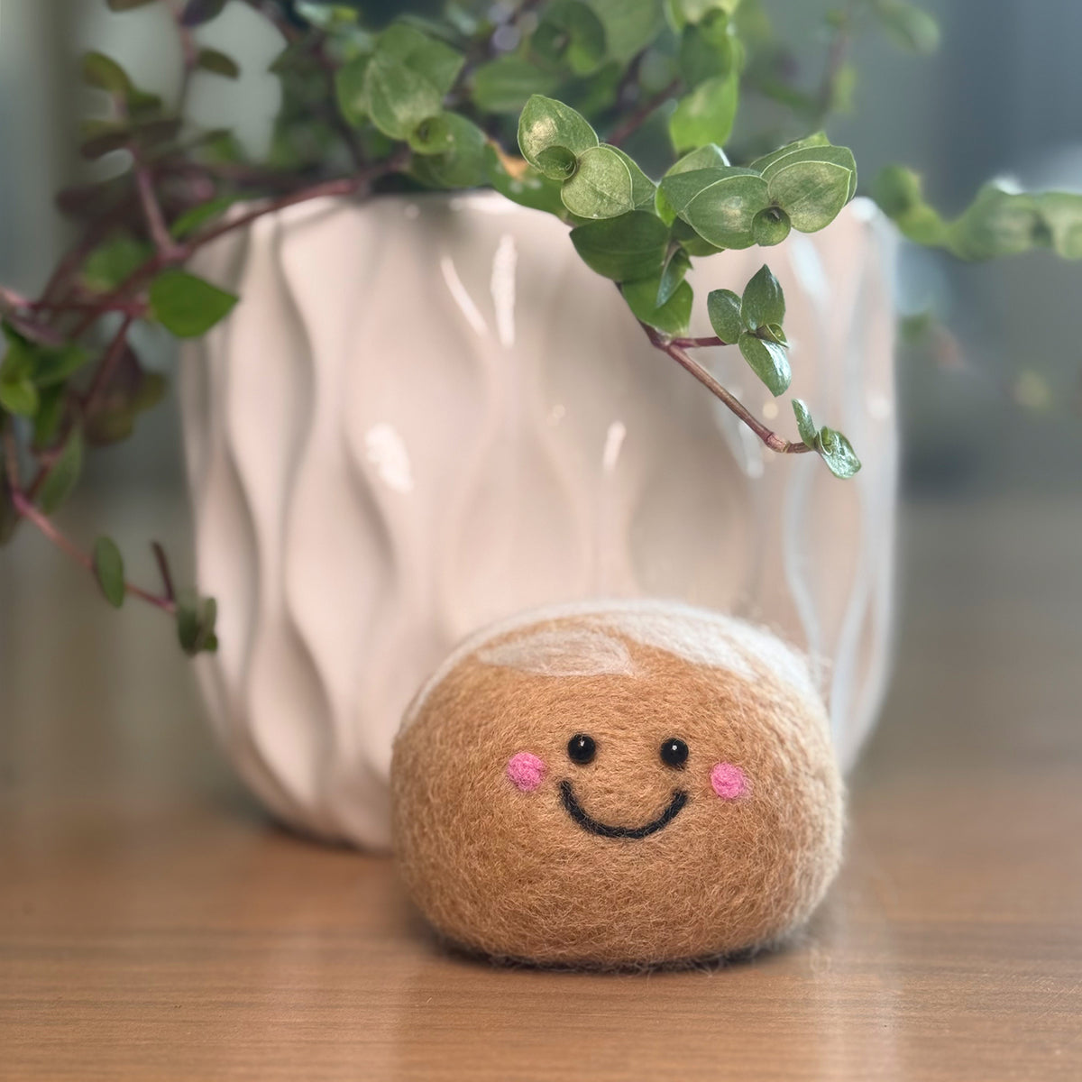 Smiling handmade sourdough needle felting craft with plant in background, finished Feltie Kits DIY craft project
