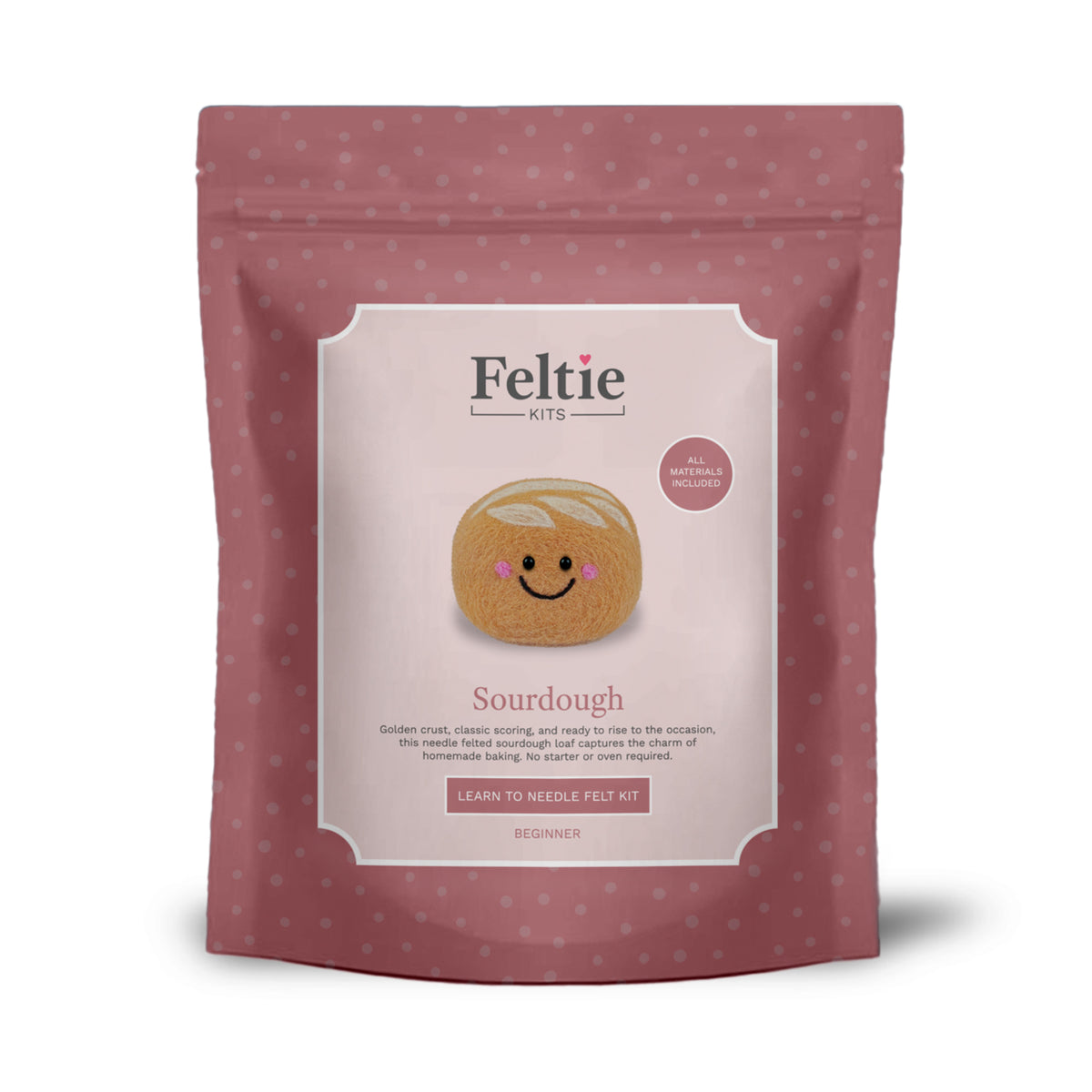 Front packaging of Feltie Kits Sourdough beginner needle felting craft kit