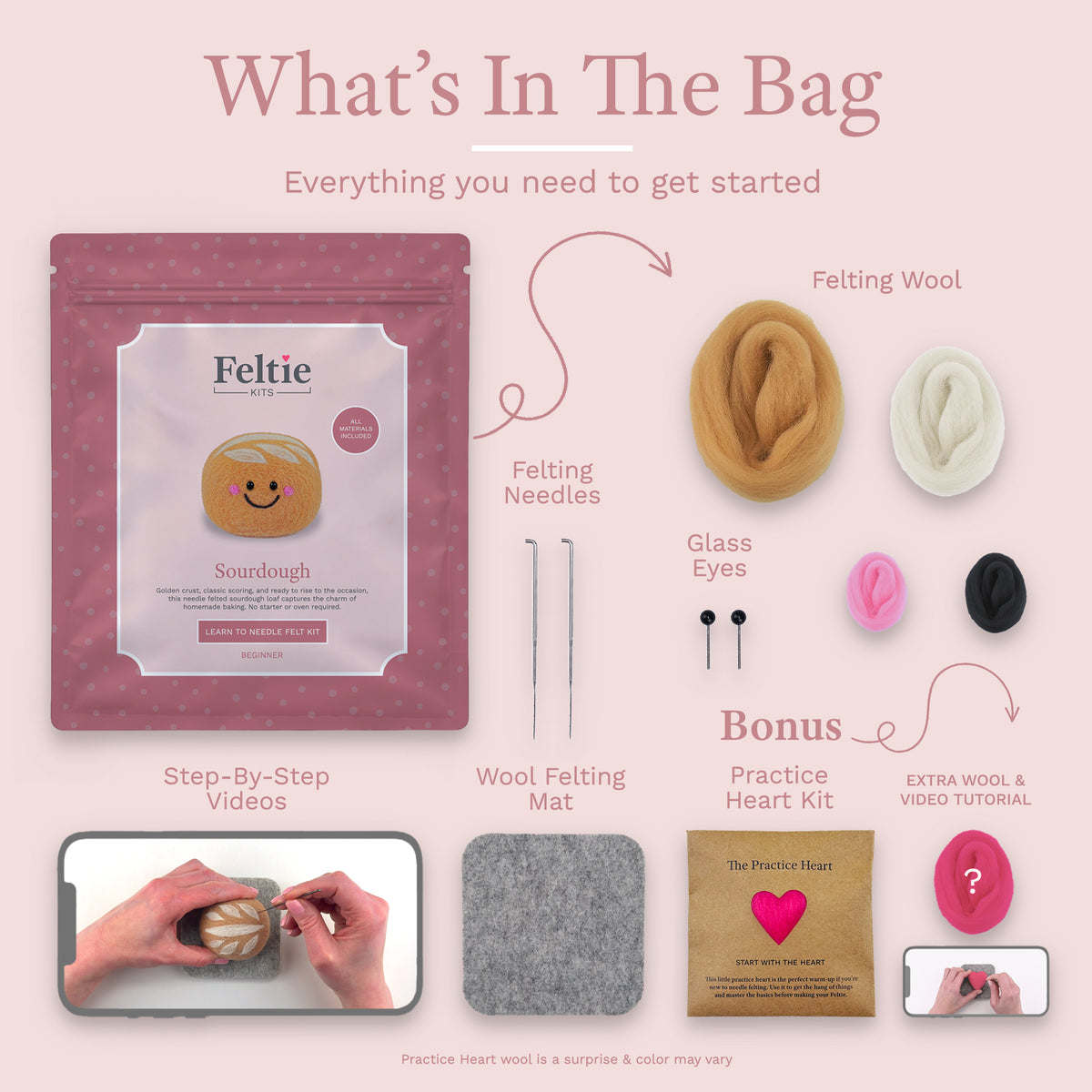 What’s included in the Sourdough Needle Felting Kit by Feltie Kits: felting wool, needles, glass eyes, wool felting mat, step-by-step video tutorial, and bonus Practice Heart kit.