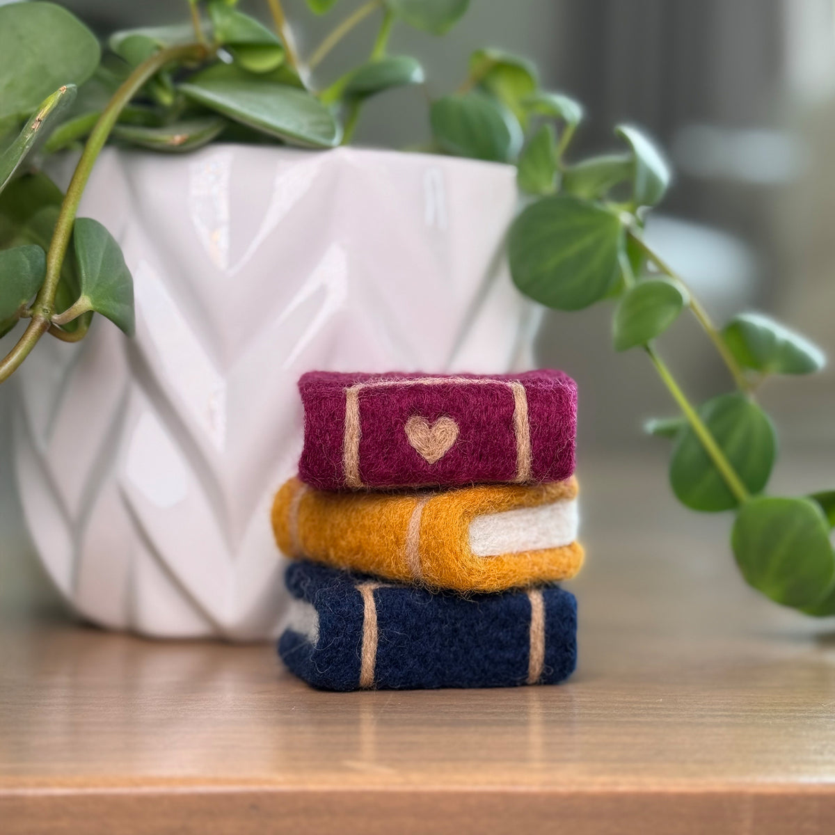 Handmade stack of books needle felting craft with plant in background, finished Feltie Kits DIY craft project