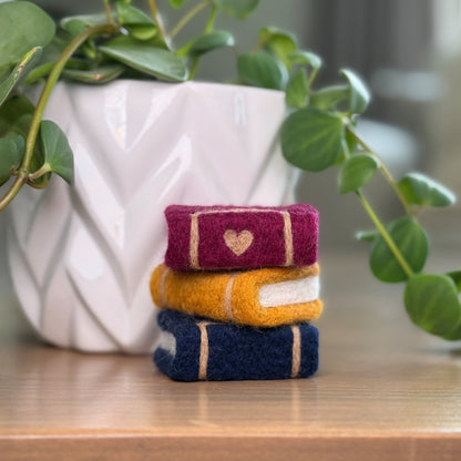 Handmade stack of books needle felting craft with plant in background, finished Feltie Kits DIY craft project