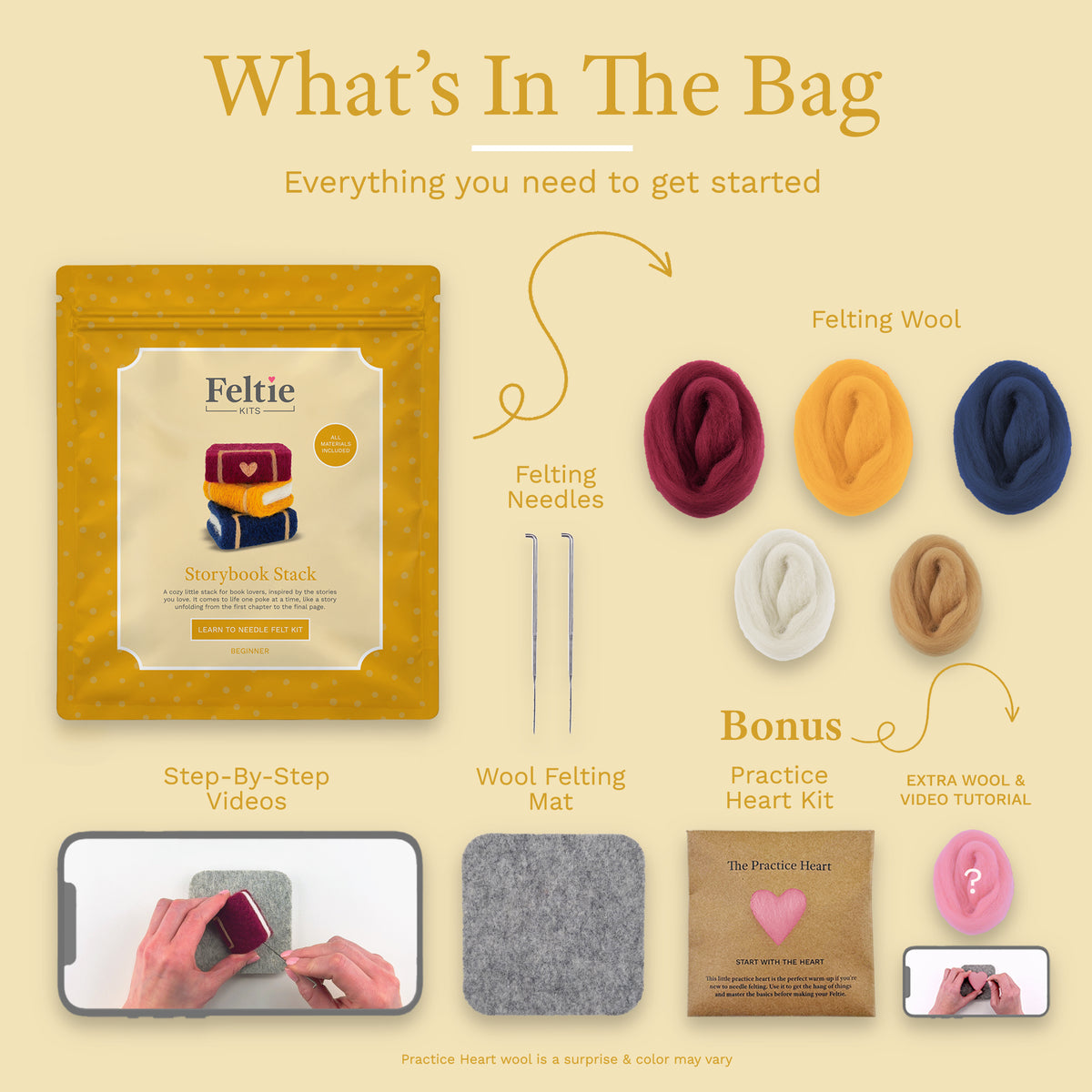 What’s included in the Storybook Stack Needle Felting Kit by Feltie Kits: felting wool, needles, wool felting mat, step-by-step video tutorial, and bonus Practice Heart kit.