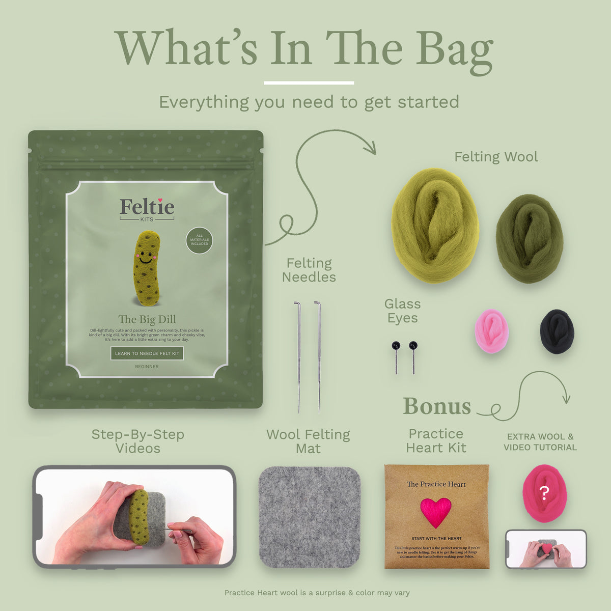 What’s included in the Big Dill Pickle Needle Felting Kit by Feltie Kits: felting wool, needles, glass eyes, wool felting mat, step-by-step video tutorial, and bonus Practice Heart kit.