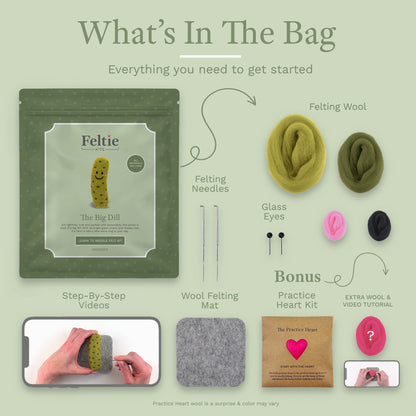 What’s included in the Big Dill Pickle Needle Felting Kit by Feltie Kits: felting wool, needles, glass eyes, wool felting mat, step-by-step video tutorial, and bonus Practice Heart kit.