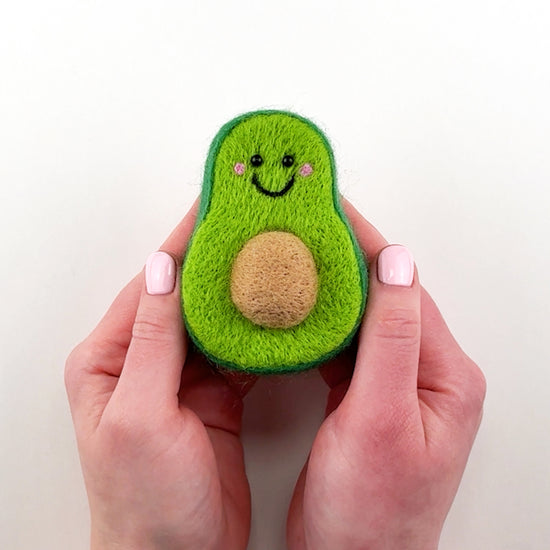 Introduction to the Feltie Kits Perfect Avocado needle felting project, showing the finished Feltie and an overview of what you’ll learn in the tutorial.