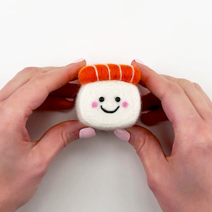 Introduction to the Feltie Kits Salmon Sushi needle felting project, showing the finished Feltie and an overview of what you’ll learn in the tutorial.