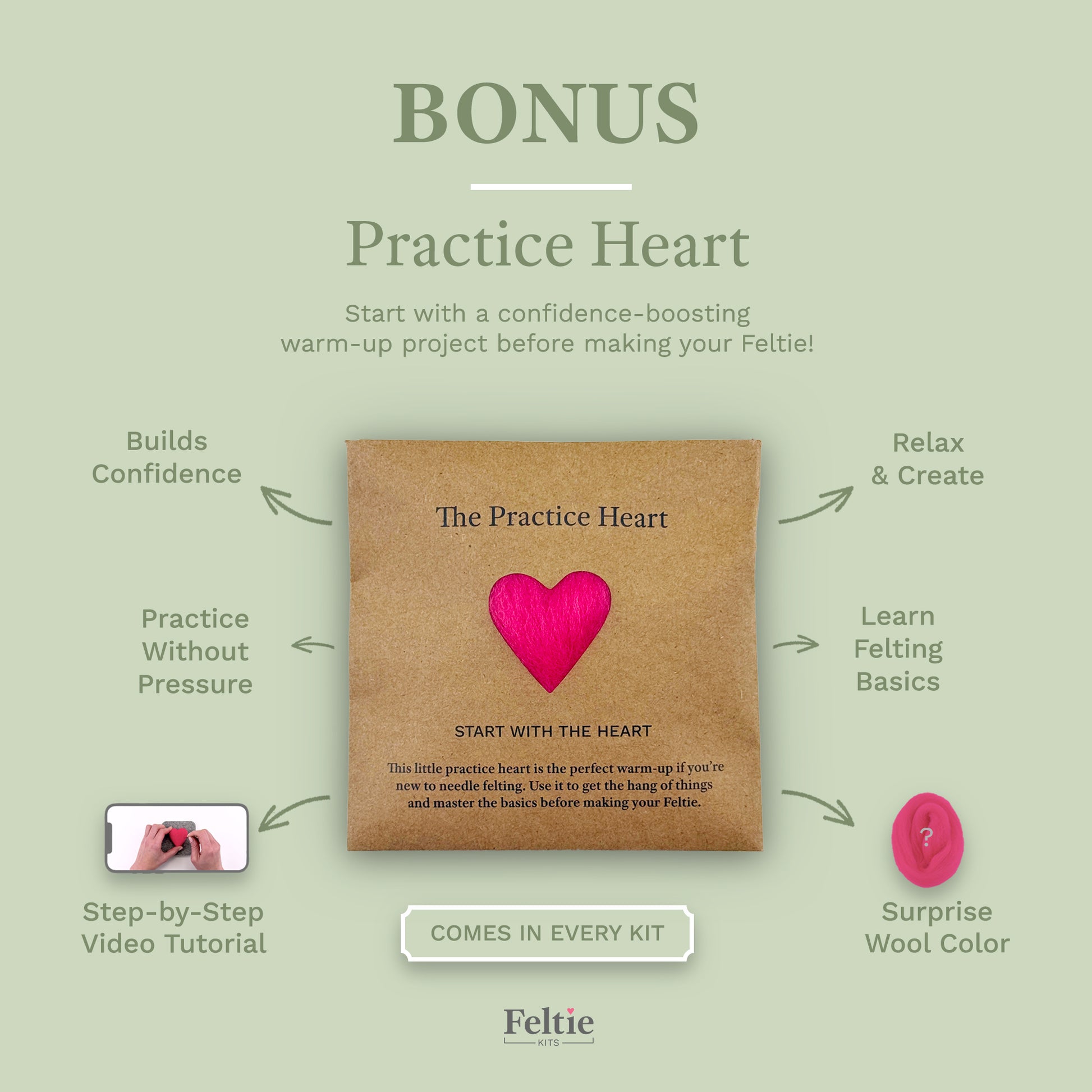 Bonus Practice Heart from Feltie Kits. A beginner needle felting project that builds confidence and teaches basics before starting your main Feltie.