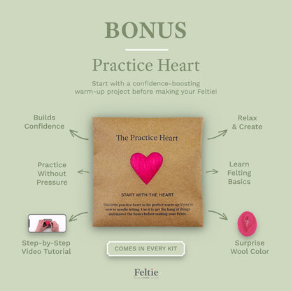 Bonus Practice Heart from Feltie Kits. A beginner needle felting project that builds confidence and teaches basics before starting your main Feltie.