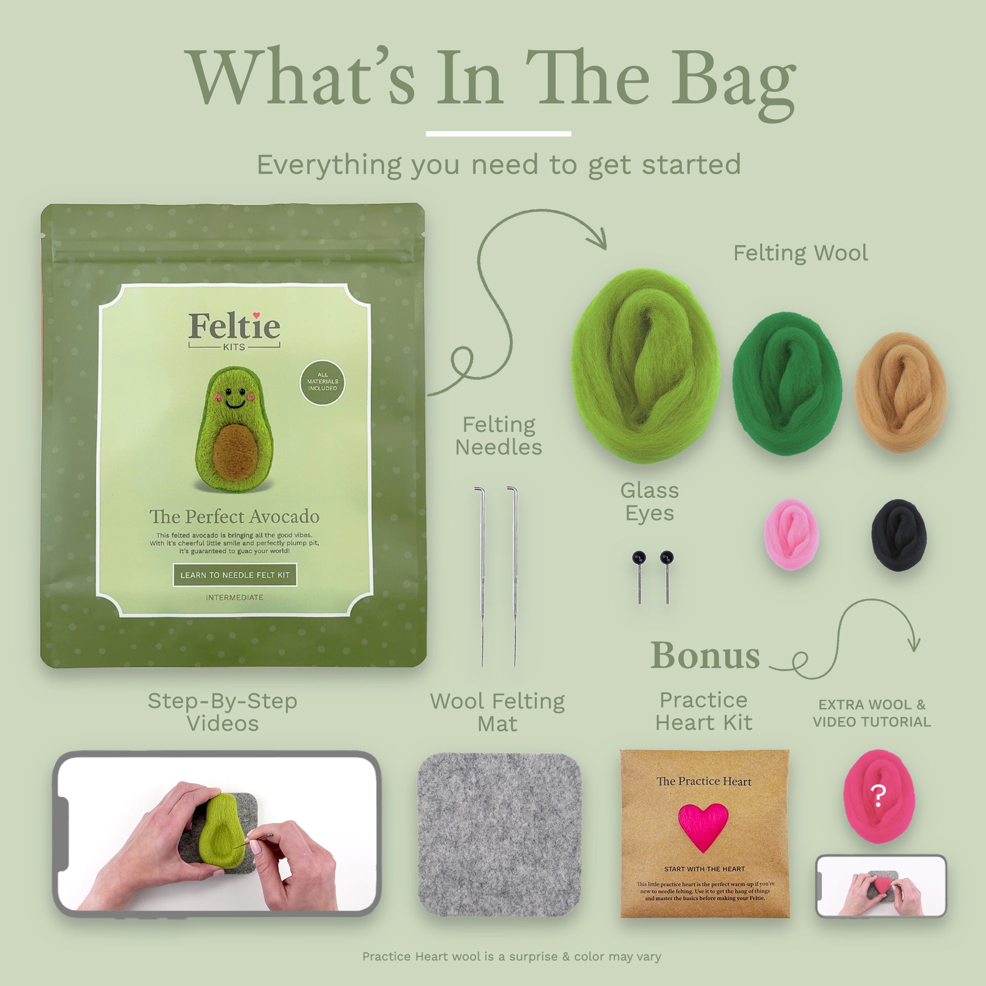 What’s included in avocado needle felting craft kit showing wool, needles, mat and tools from Feltie Kits.