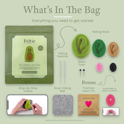 What’s included in avocado needle felting craft kit showing wool, needles, mat and tools from Feltie Kits.