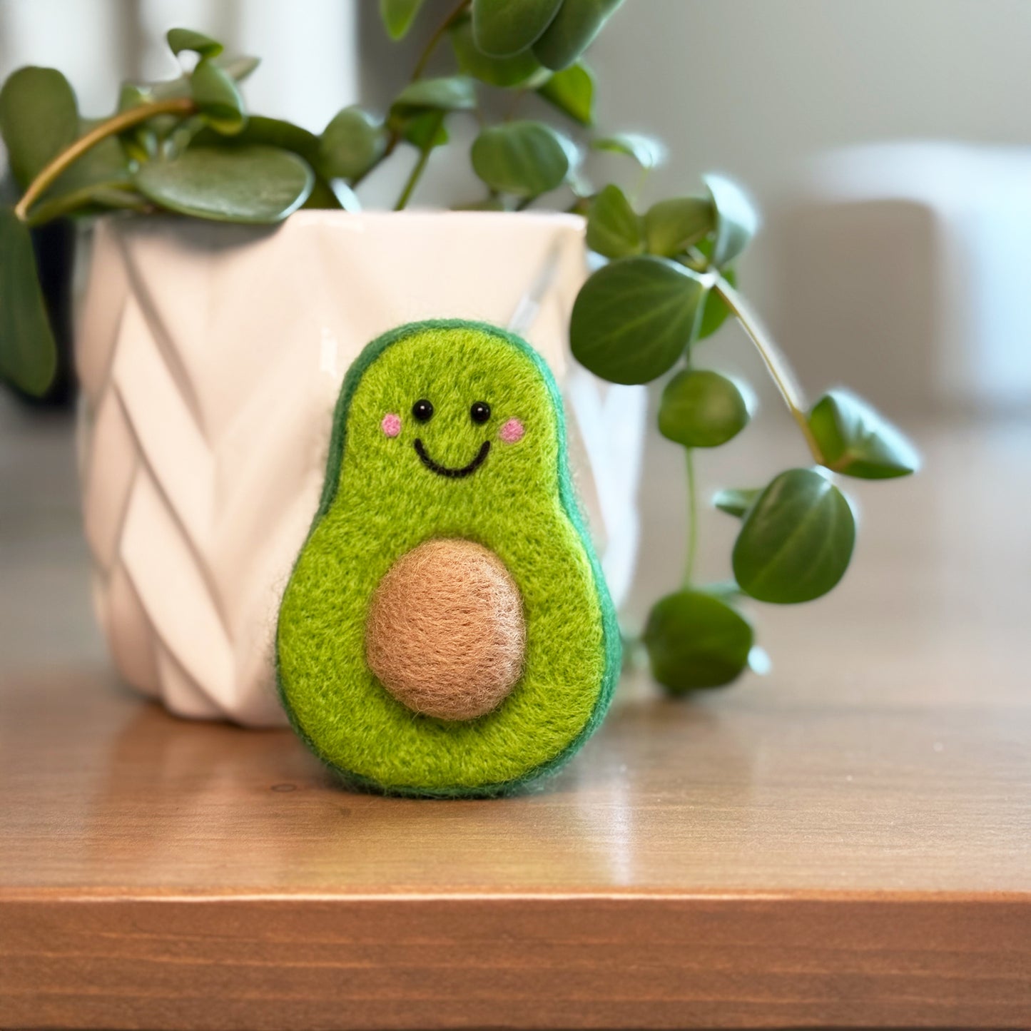 Smiling handmade avocado needle felting craft with plant in background, finished Feltie Kits DIY craft project
